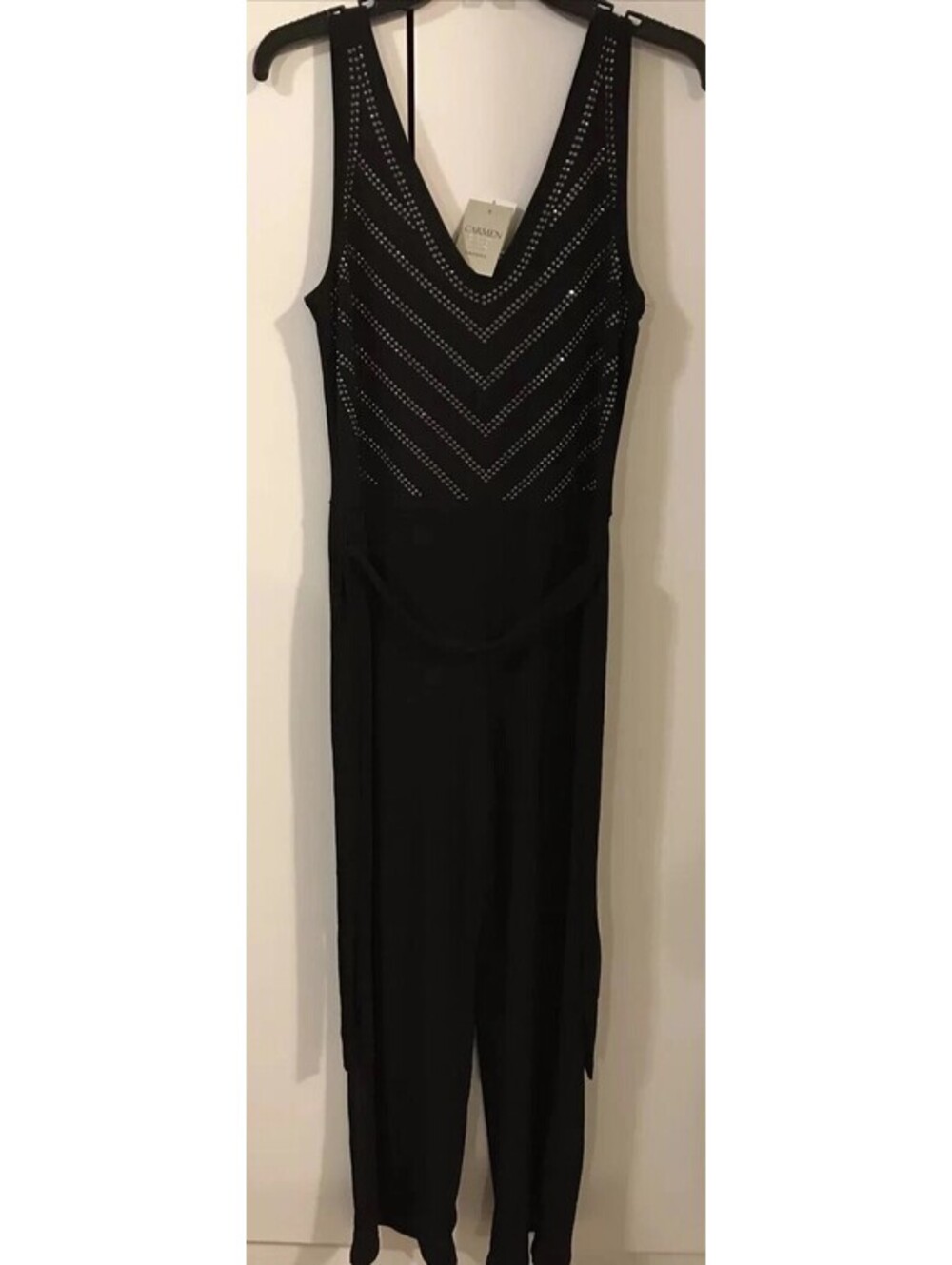 Carmen Marc Valvo Womens Sleeveless Medium Black Sequined Pant Jumpsuit NWT! M23